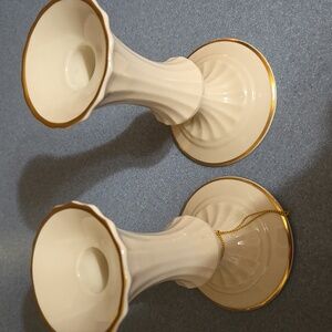 NWT Set Of 2 Lenox Candlestick Cream and Gold Candle Holders With 24k Gold